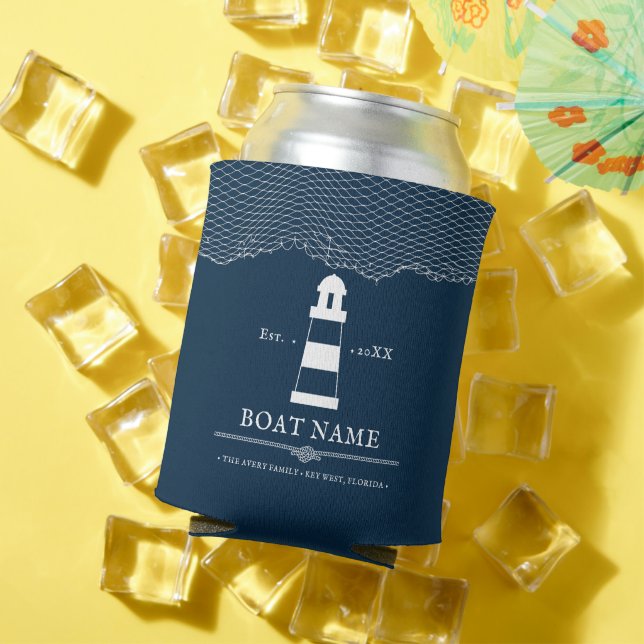 Nautical Personalized lighthouse Boat Name Blue Can Cooler (In Situ Summer)