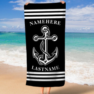 Nautical Personalized Name Black Anchor with Rope Beach Towel