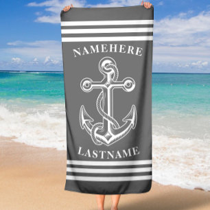Nautical Personalized Name Grey Anchor with Rope Beach Towel