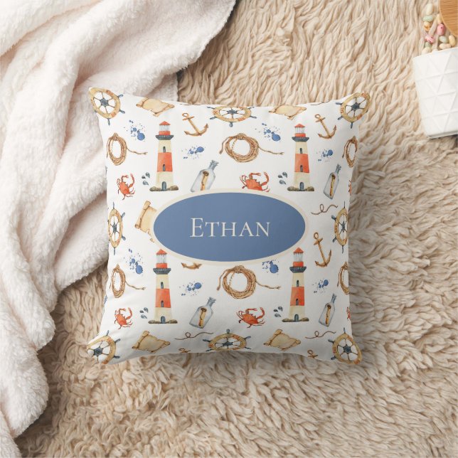 Nautical Personalized Name Navy Nursery Throw Pillow (Blanket)