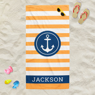 Nautical Personalized Name Navy Orange Striped Beach Towel