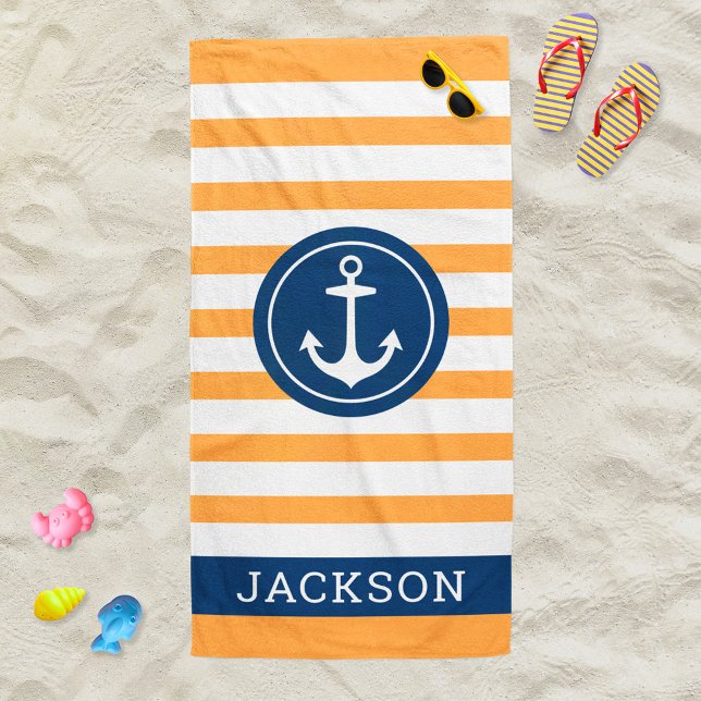 Nautical Personalized Name Navy Orange Striped Beach Towel (Creator Uploaded)