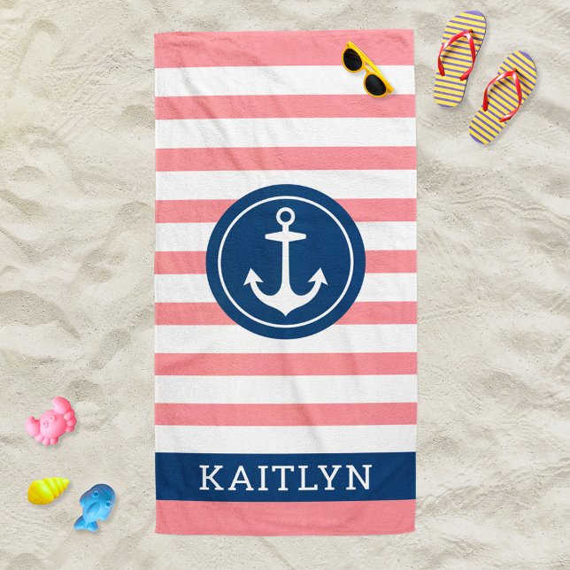 Nautical Personalized Name Navy Pink Striped Beach Towel (Creator Uploaded)