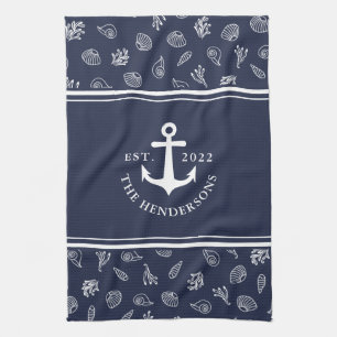 Nautical Personalized Navy Blue Anchor Family Kitchen Towel