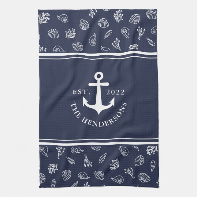 Nautical Personalized Navy Blue Anchor Family Kitchen Towel (Vertical)