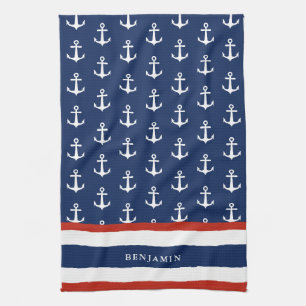 Nautical Personalized Navy Blue Red White Anchor Kitchen Towel