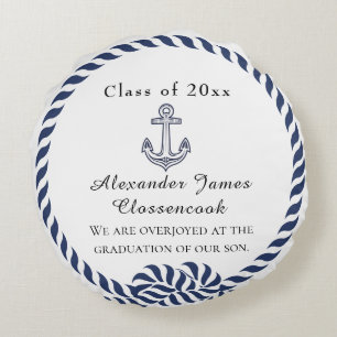 Nautical Photo Navy Blue White stripes Graduation Round Pillow