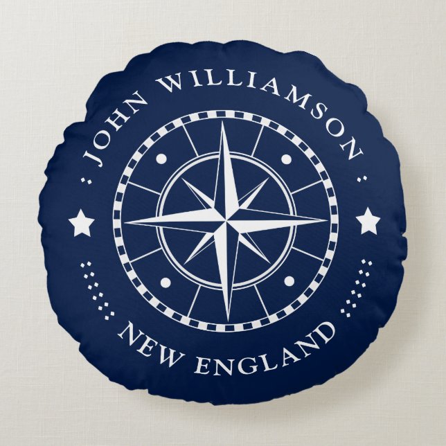 Nautical Pillow Compass Badge Blue White Nautical (Front)