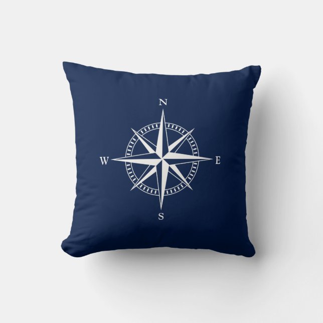 Nautical Pillow, Compass, Blue and White, Maritime Throw Pillow (Front)