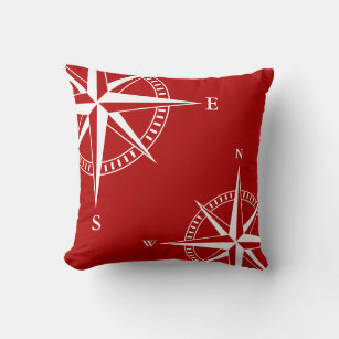 Nautical Pillow, Compass, Red and White, Maritime Throw Pillow