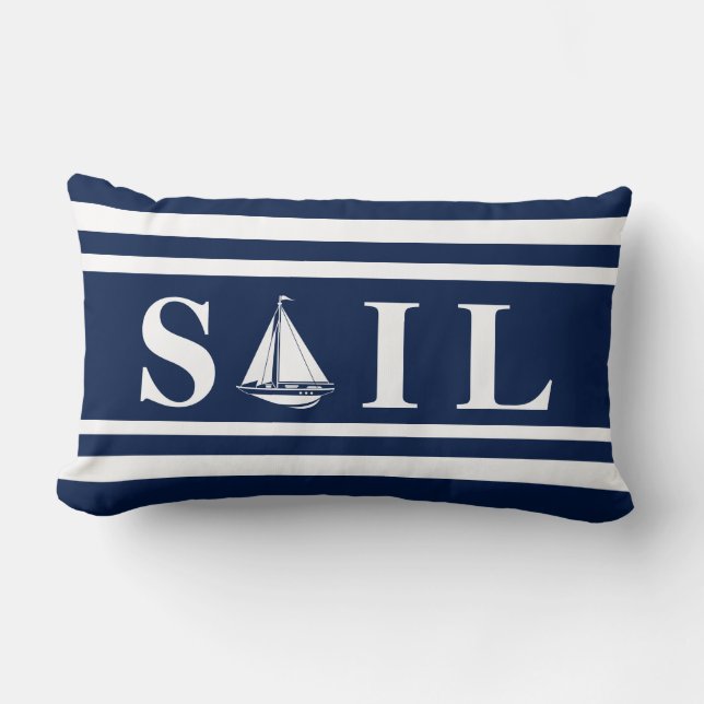 Nautical Pillow, Sailboat, Blue, White, Maritime Lumbar Pillow (Front)