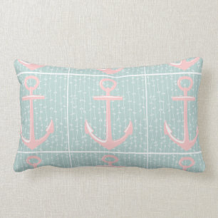 Nautical, Pink Anchor on Blue Pillow