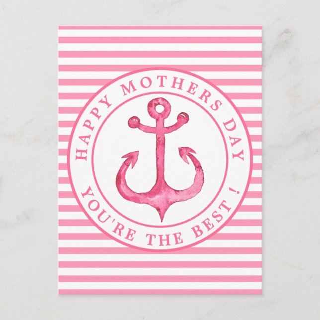 Nautical Pink Anchor Striped Mother's Day Postcard (Front)
