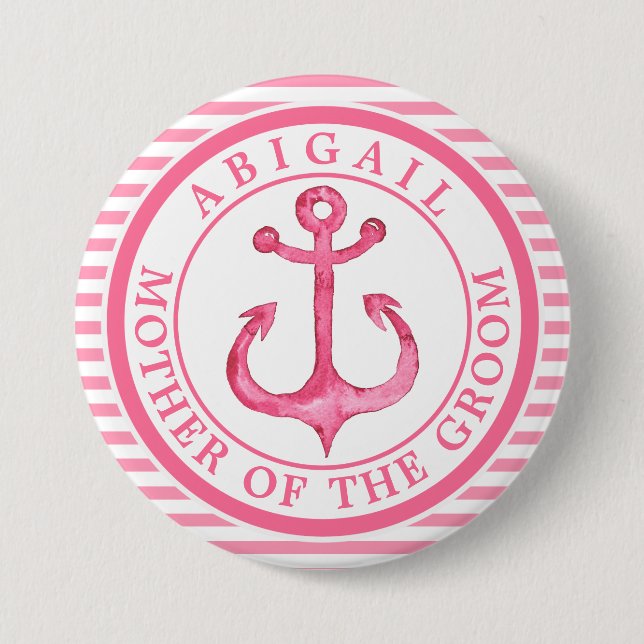 Nautical Pink Anchor Striped Wedding Party Button (Front)