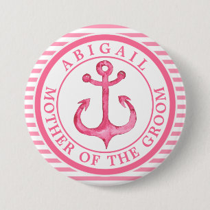 Nautical Pink Anchor Striped Wedding Party Button