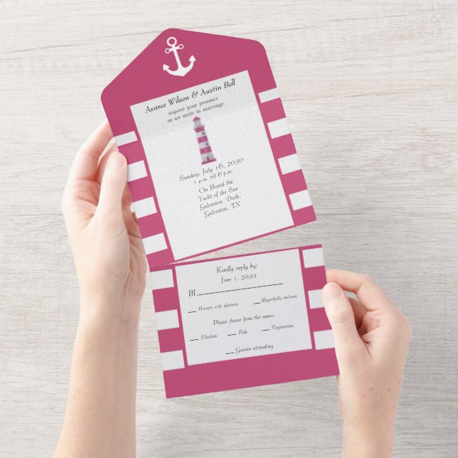 Nautical Pink and White Stripes  All In One Invitation (Tearaway)