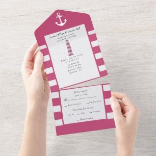 Nautical Pink and White Stripes  All In One Invitation