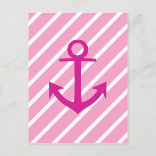 Nautical  Pink And White Stripes Fuchsia Anchor Postcard