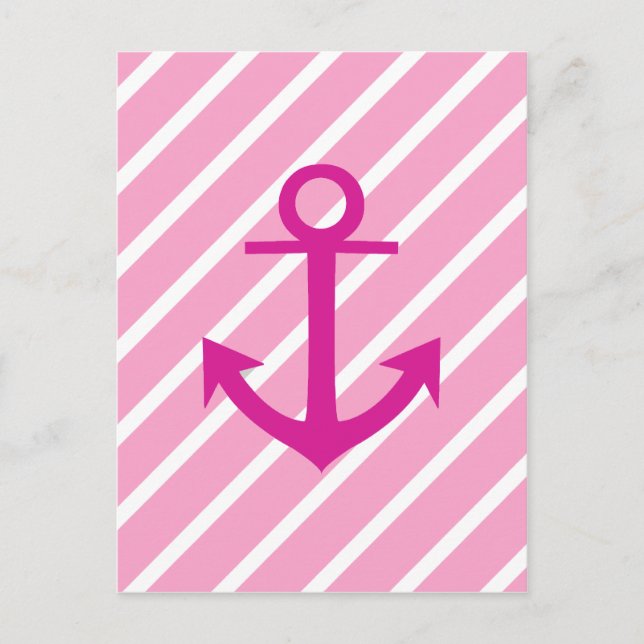 Nautical  Pink And White Stripes Fuchsia Anchor Postcard (Front)