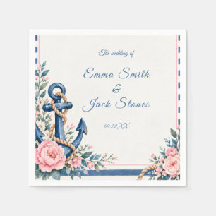 Nautical Pink Blue Floral Anchor Wedding Napkin