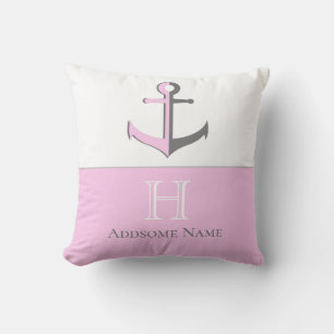 Nautical Pink Grey Anchor Coastal Monogrammed Throw Pillow