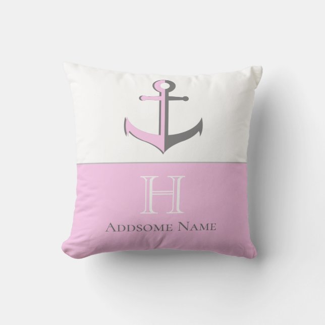 Nautical Pink Grey Anchor Coastal Monogrammed Throw Pillow (Front)