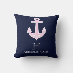 Nautical Pink Grey Anchor Coastal Monogrammed Throw Pillow