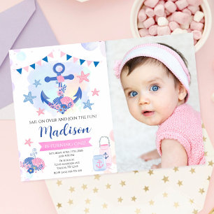 Nautical Pink Navy Anchor Girl 1st Birthday Photo Invitation