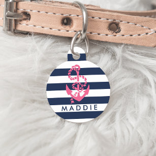 Nautical Pink & Navy Stripe Anchor Personalized Pet Tag