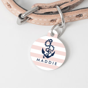 Nautical Pink Stripe Anchor Personalized Pet Tag