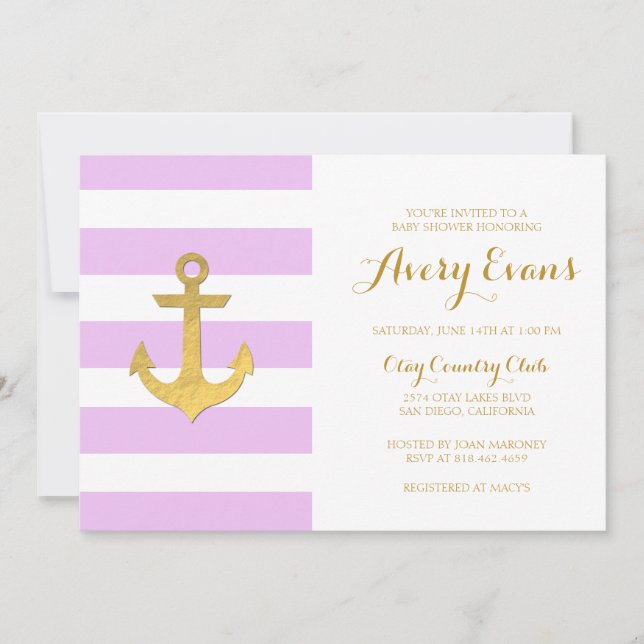 Nautical Pink Stripe Baby Shower with Gold Anchor Invitation (Front)