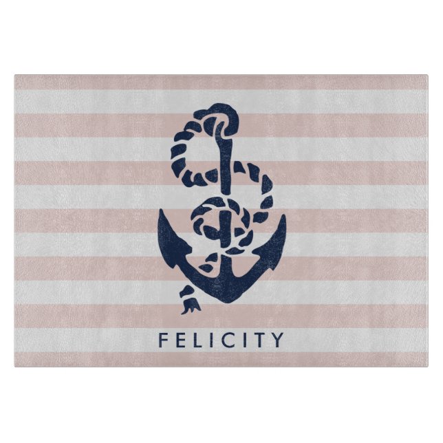 Nautical Pink Stripe & Navy Anchor Personalized Cutting Board (Front)