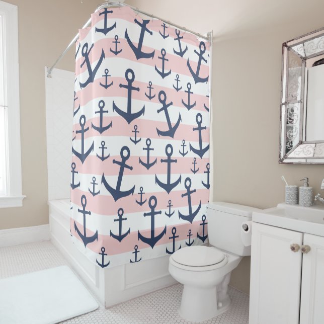 Nautical pink stripe navy blue anchor pattern (In Situ)