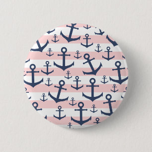Nautical pink stripe navy blue anchor pattern 2 inch round button