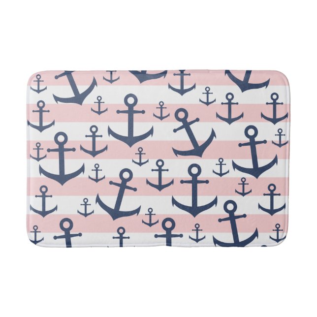 Nautical pink stripe navy blue anchor pattern bath mat (Front)