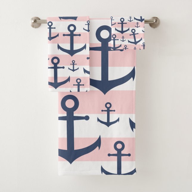 Nautical pink stripe navy blue anchor pattern bath towel set (Insitu)
