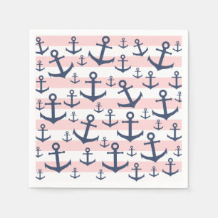 Nautical pink stripe navy blue anchor pattern napkin