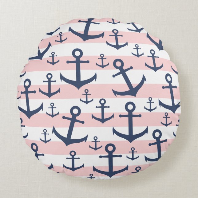 Nautical pink stripe navy blue anchor pattern round pillow (Front)