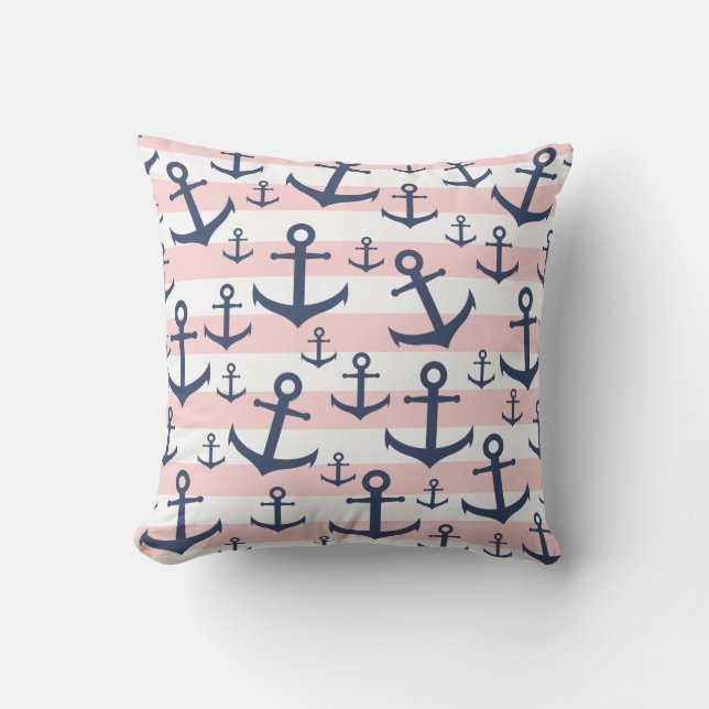 Nautical pink stripe navy blue anchor pattern throw pillow (Front)