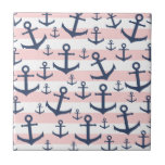 Nautical pink stripe navy blue anchor pattern tile<br><div class="desc">Summer design featuring navy blue anchor pattern on a blush pink and white stripe background.</div>