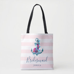Nautical Pink Stripes Watercolor Anchor Bridesmaid Tote Bag