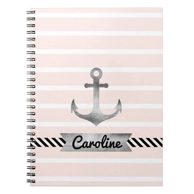 Nautical Pink Stripes Watercolor Anchor Custom Notebook (Front)