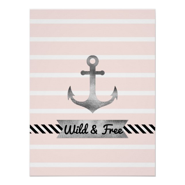 Nautical Pink Stripes Watercolor Anchor Custom Poster (Front)