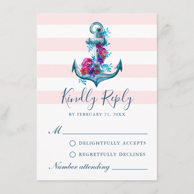 Nautical Pink Stripes Watercolor Anchor RSVP Card (Front)