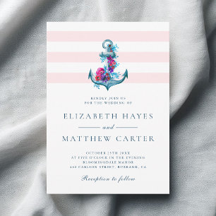 Nautical Pink Stripes Watercolor Anchor Wedding Invitation