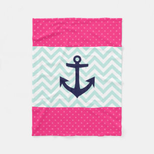 Nautical Pink White Mint Chevron Anchor Pattern Fleece Blanket