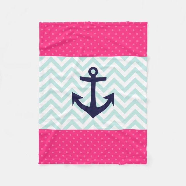 Nautical Pink White Mint Chevron Anchor Pattern Fleece Blanket (Front)