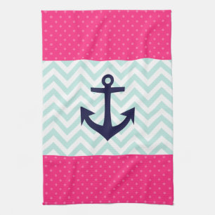 Nautical Pink White Mint Chevron Anchor Pattern Kitchen Towel
