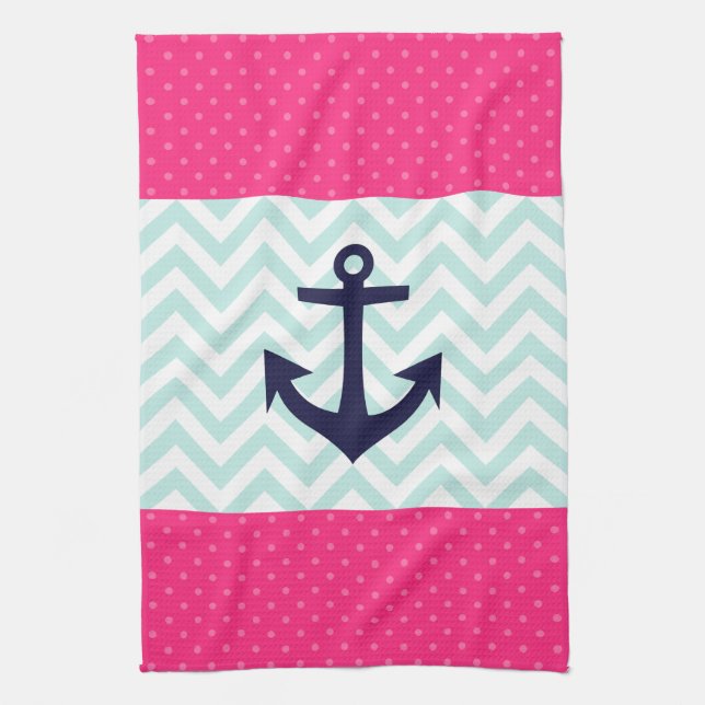 Nautical Pink White Mint Chevron Anchor Pattern Kitchen Towel (Vertical)