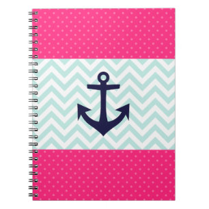 Nautical Pink White Mint Chevron Anchor Pattern Notebook